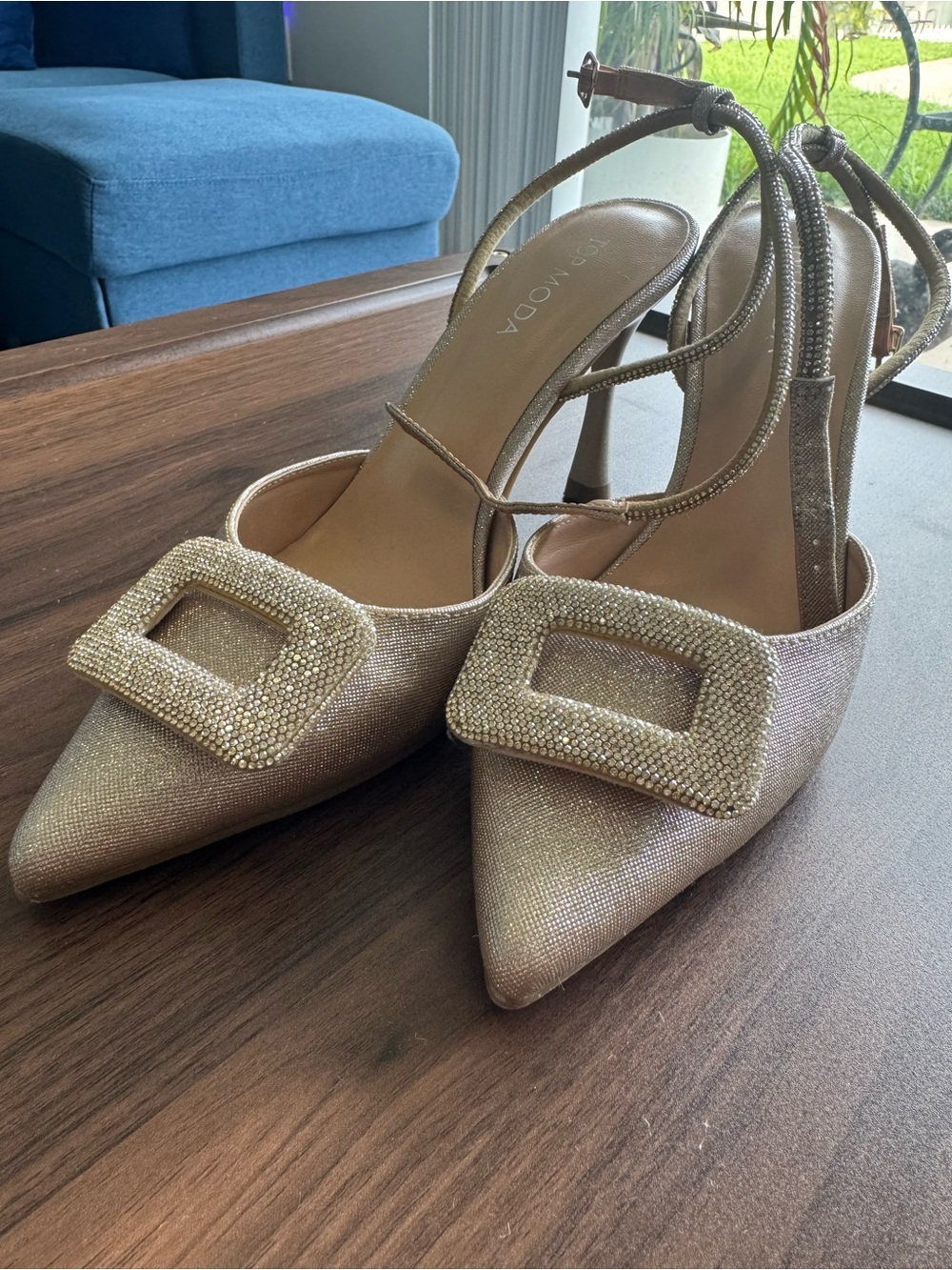 Gold Pointed Toe Slingback Heels with Beaded Buckle